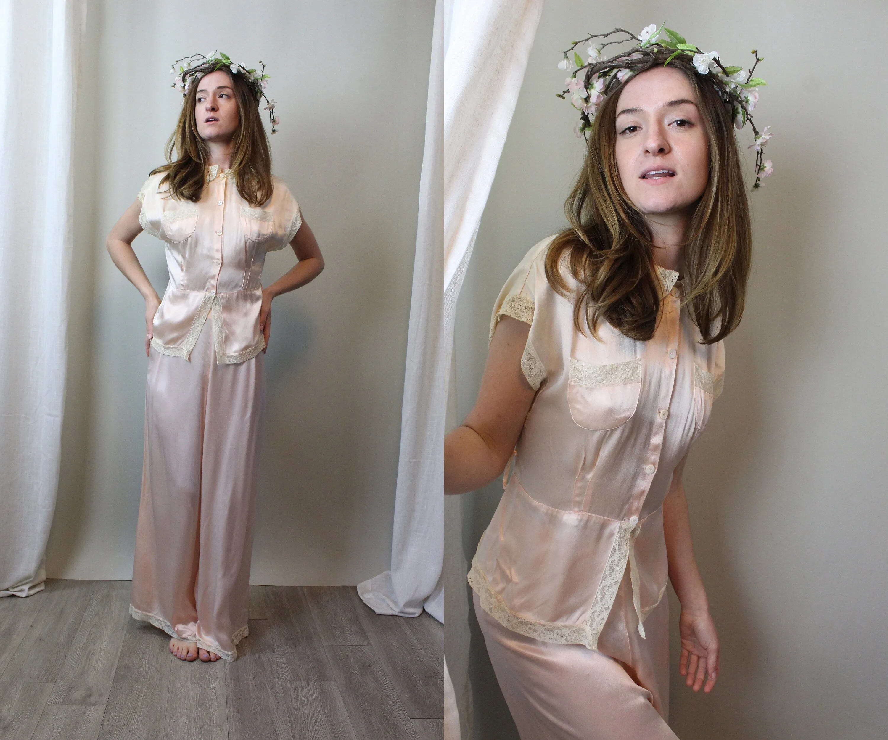 1930s LIQUID SATIN wide leg pajamas PANTS top medium | new spring