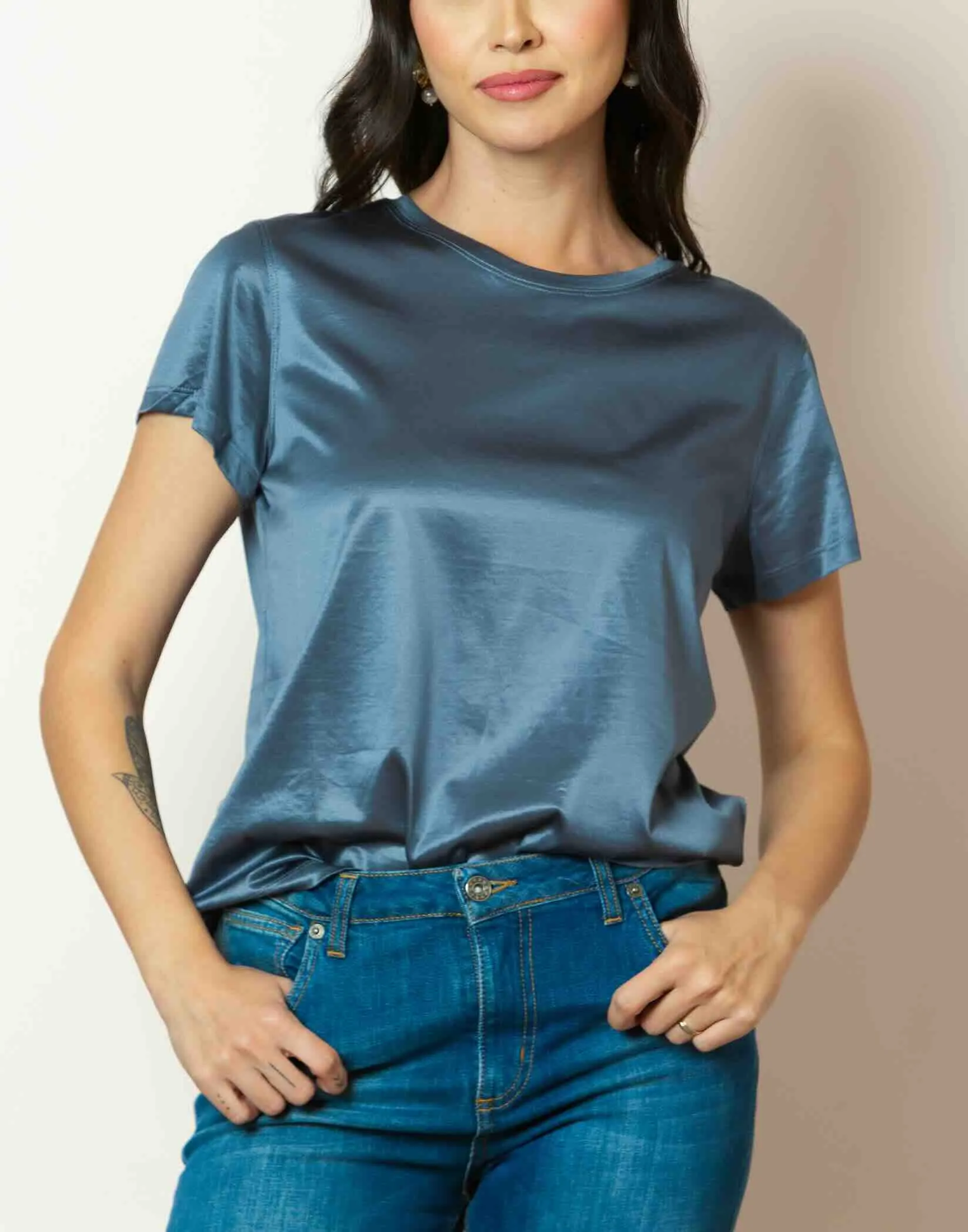 Alice Crew Neck Silk Cotton T-Shirt in Blue