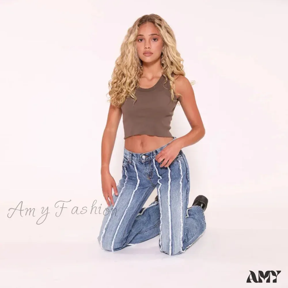Amy Fashion - Stretch Flare Fashion High Vintage Slim Spliced Bell Bottom Washed Denim Jean