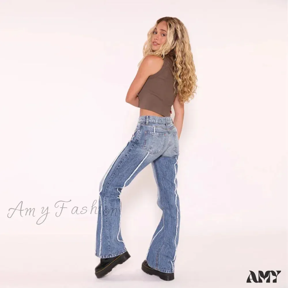 Amy Fashion - Stretch Flare Fashion High Vintage Slim Spliced Bell Bottom Washed Denim Jean