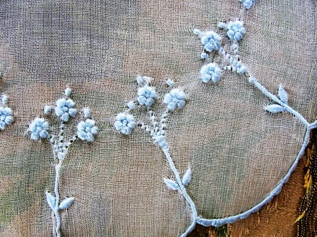 ANTIQUE French Organdy Doily Hand Embroidery Baby Blue Embroidered SO Pretty Vintage Linens