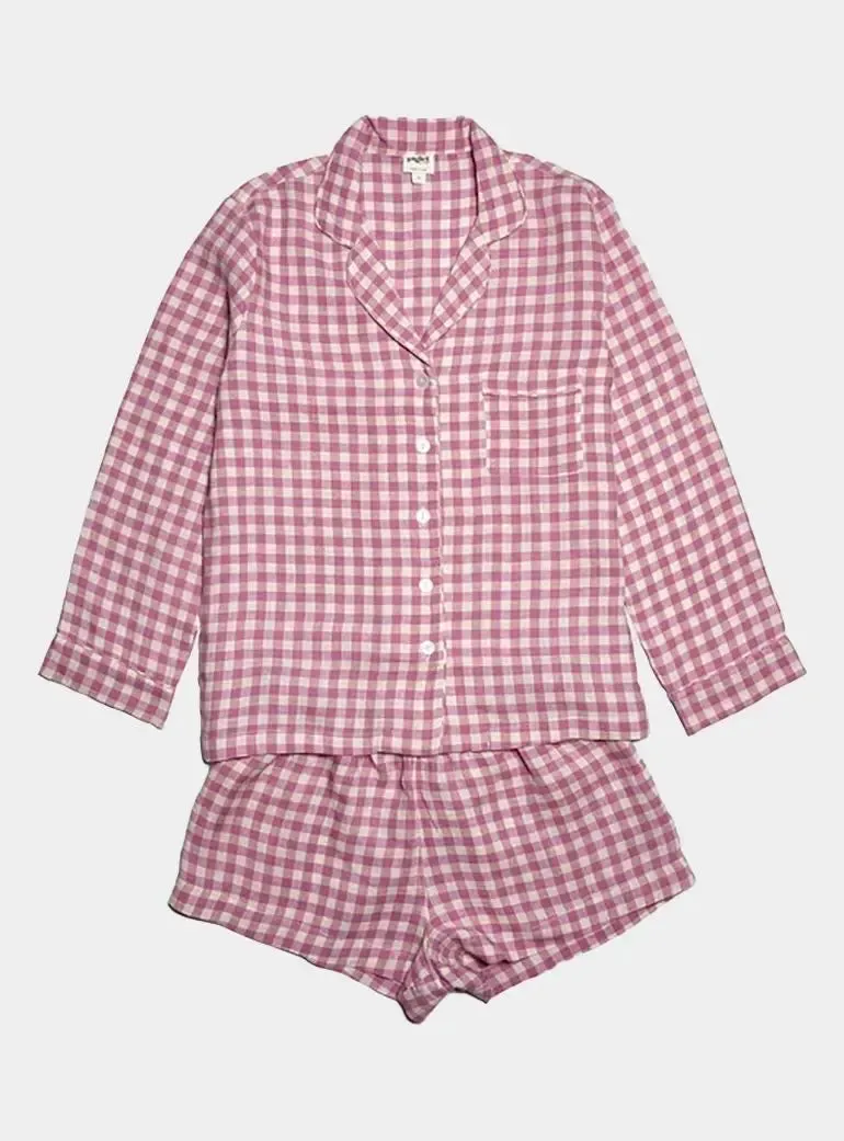 Berry Gingham Linen Pyjama Shorts Set