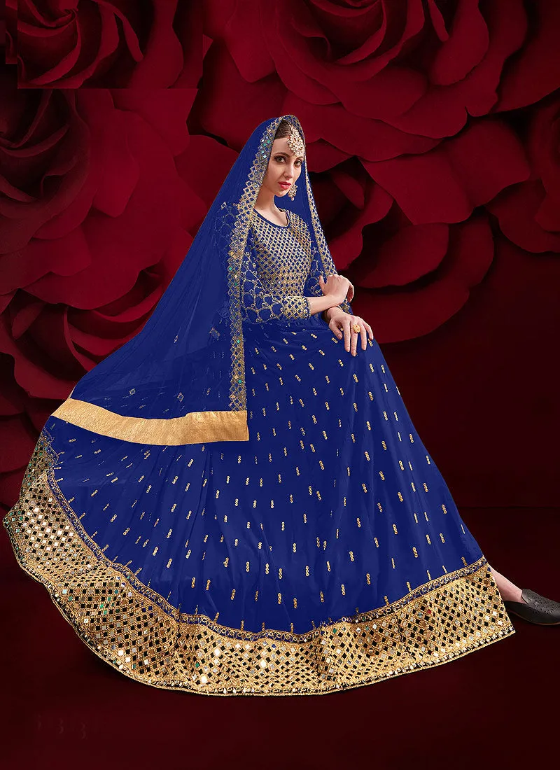 Blue Golden Mirror Work Slit Style Anarkali Pant Suit