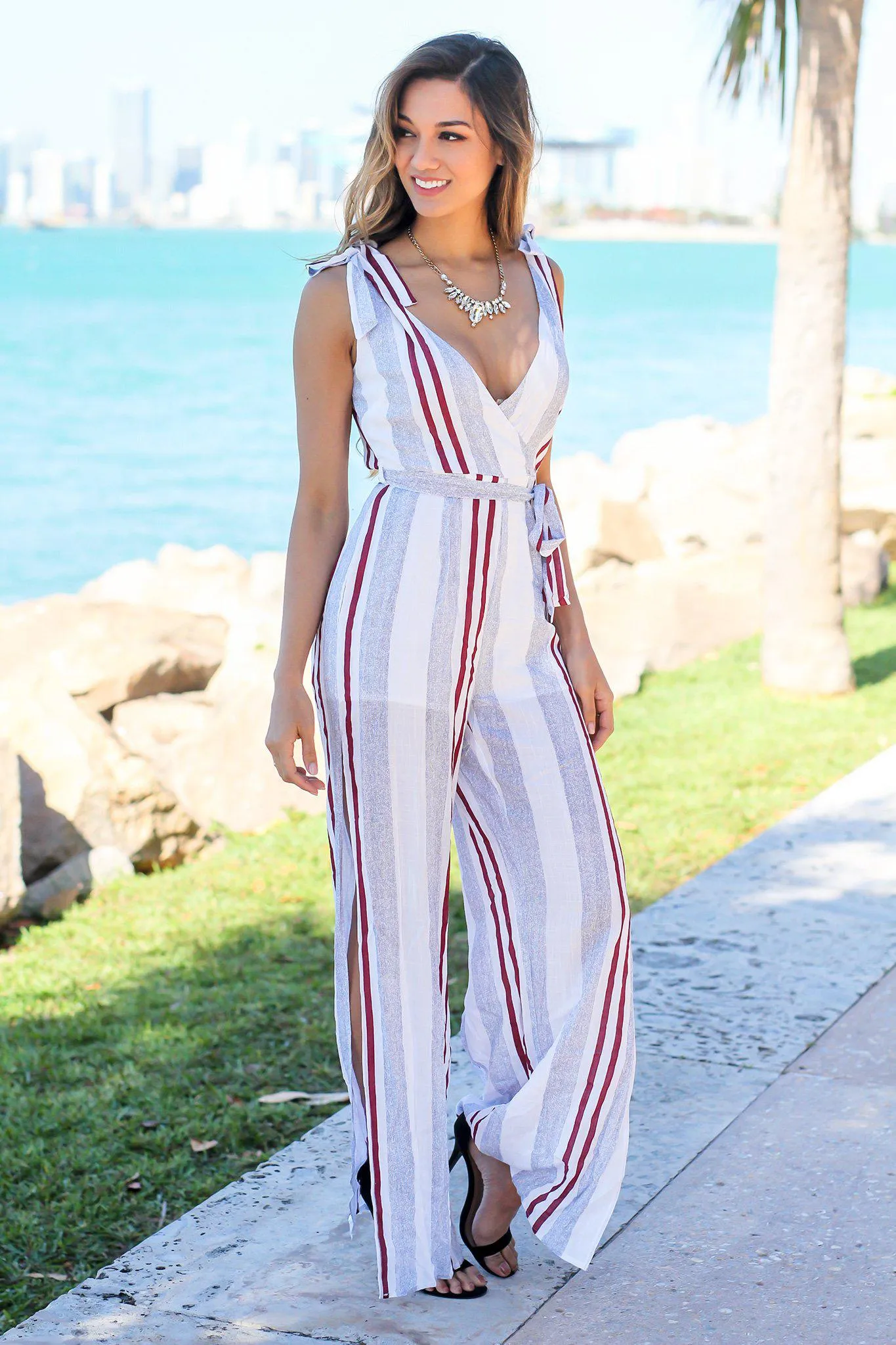 Blue Striped Jumpsuit with Side Slits