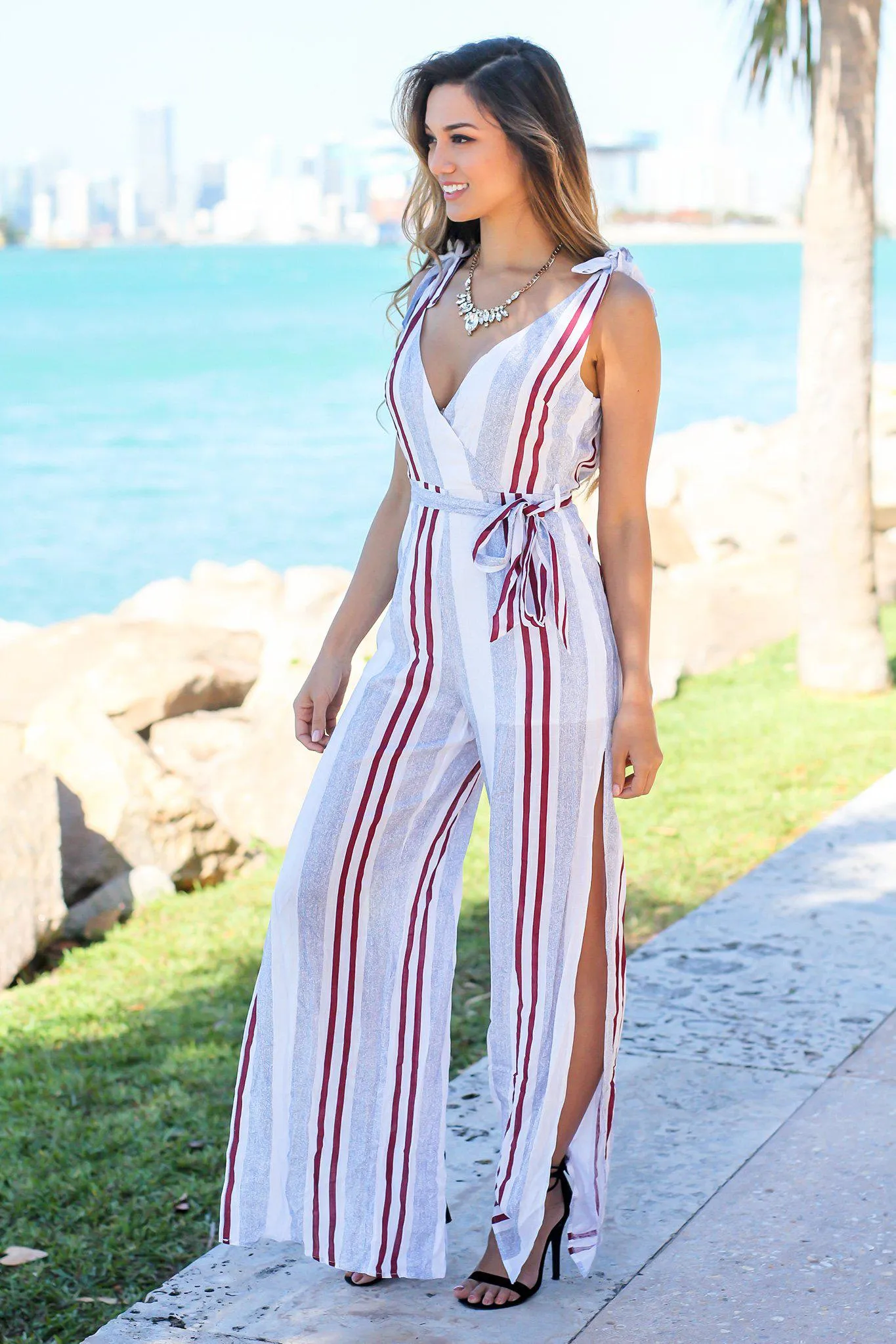 Blue Striped Jumpsuit with Side Slits