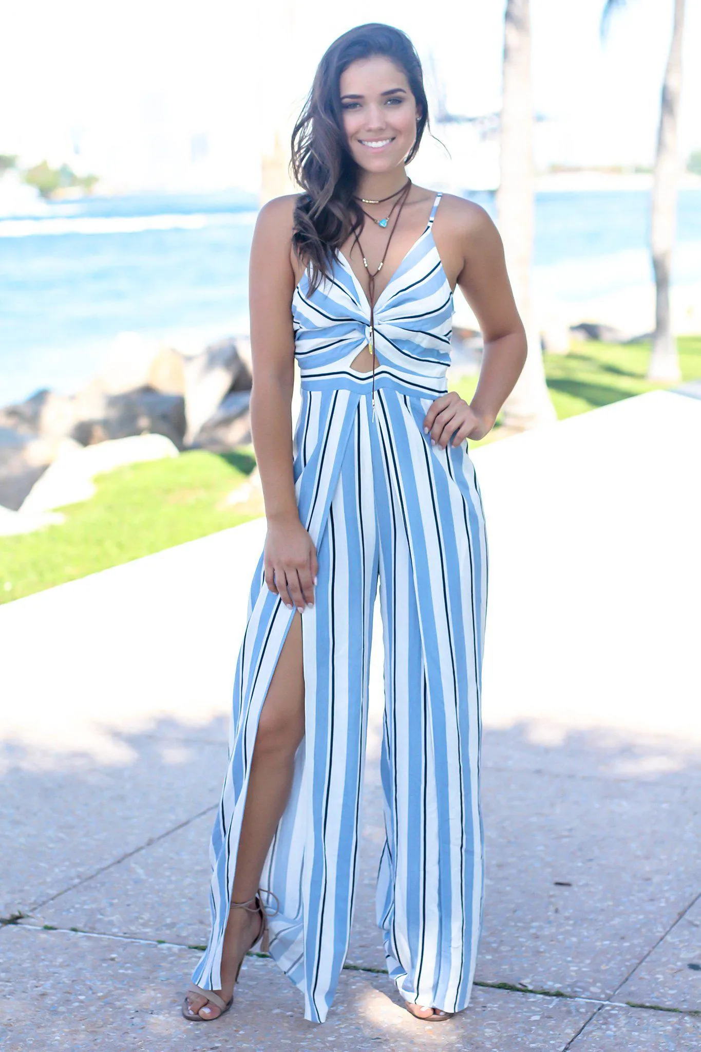 Blue Striped Twist Front Jumpsuit
