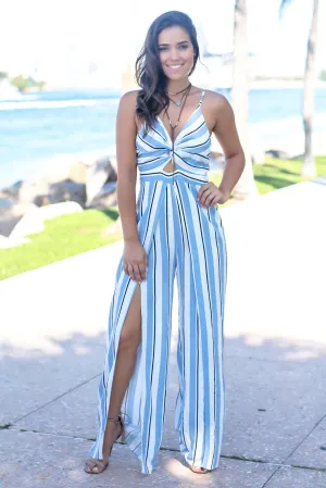 Blue Striped Twist Front Jumpsuit