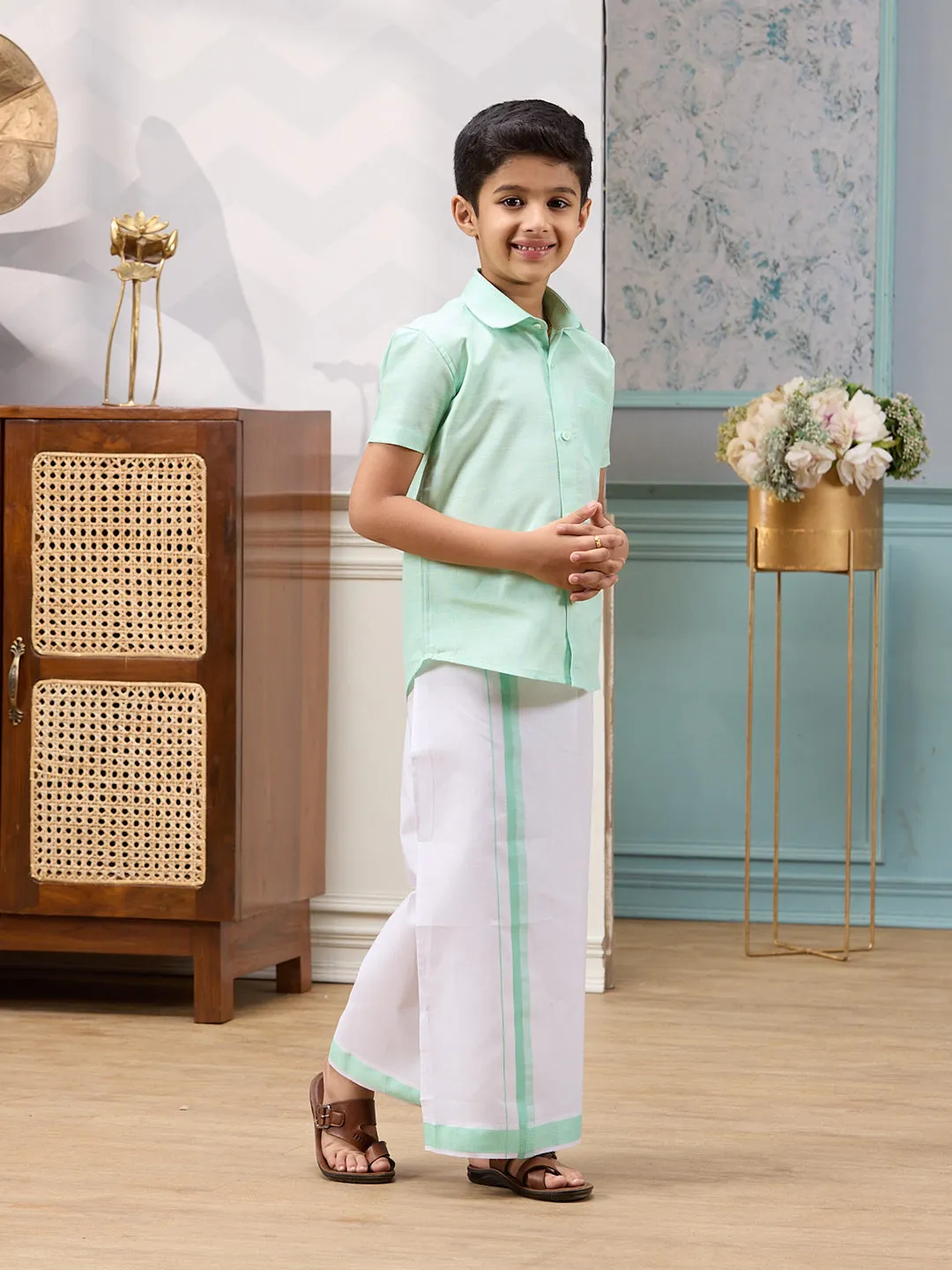 Boys Matching Dhoti & Shirt Set Water Leaf C83