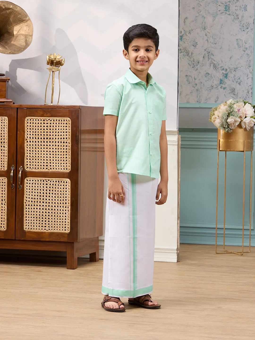 Boys Matching Dhoti & Shirt Set Water Leaf C83