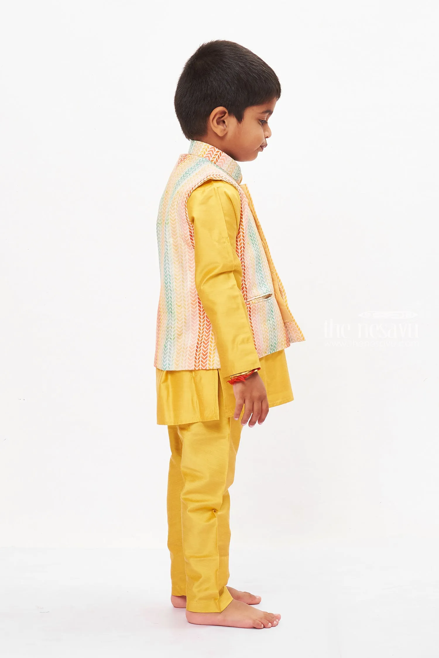 Boys Mustard Yellow Kurta Set with Rainbow Chevron - Festive Wear