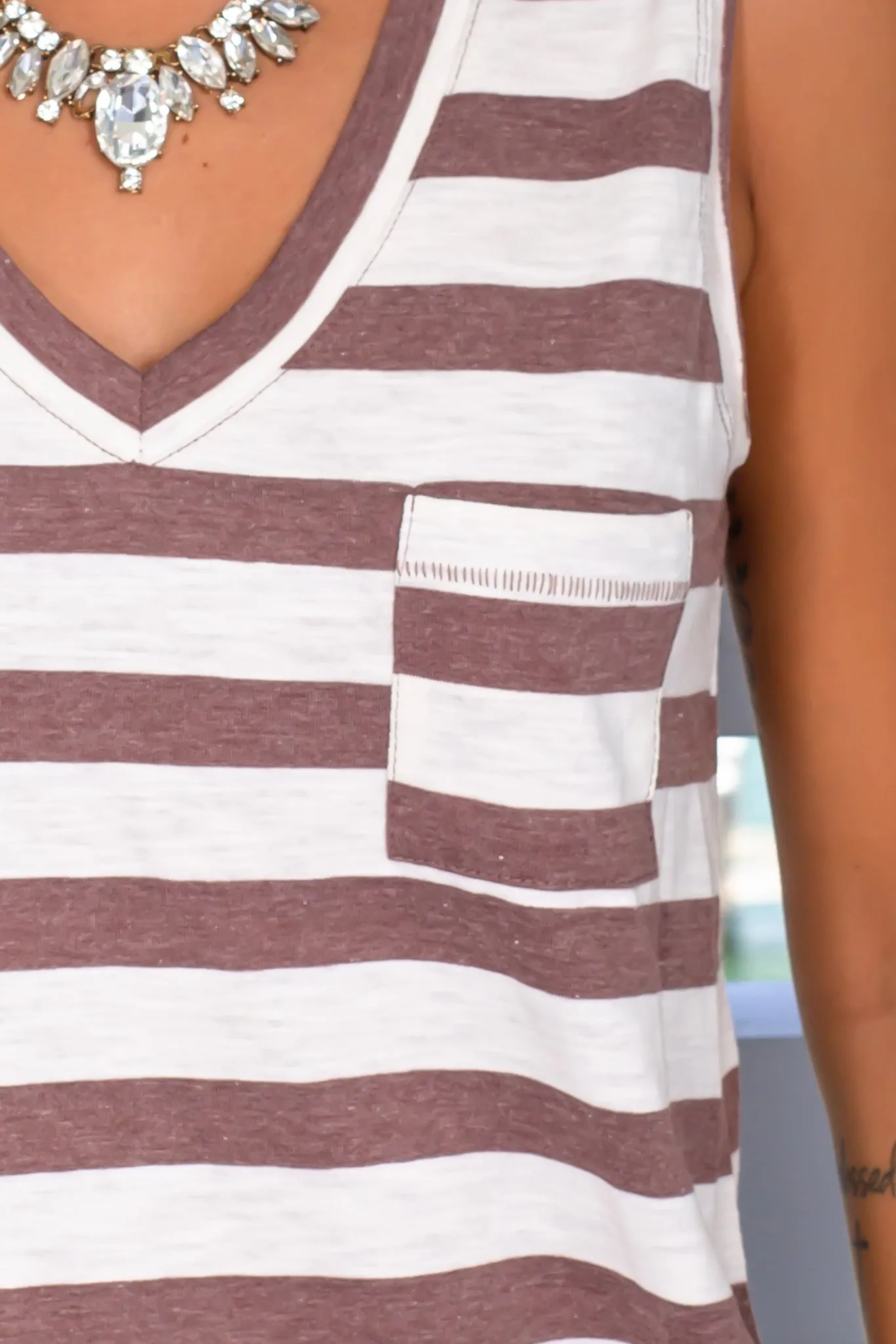 Brown Striped V-Neck Top with Pocket
