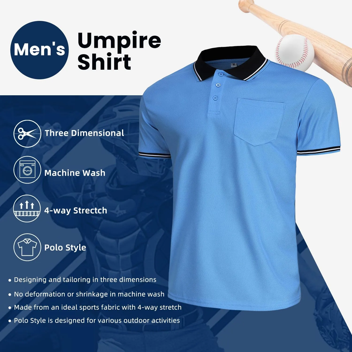 CUTIEHON Men's Baseball Umpire Shirt, Short Sleeve referee Jersey Shirts Sized for umpire chest protector