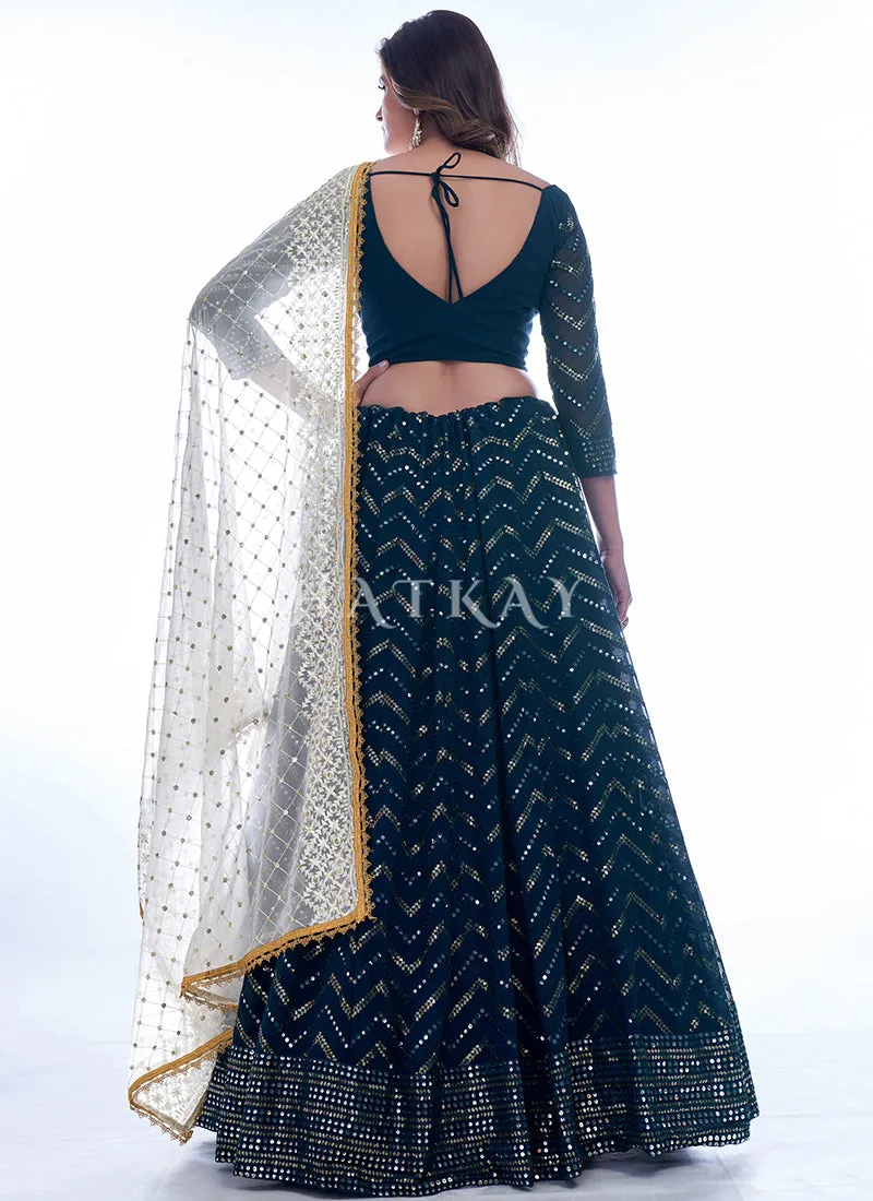 Deep Turquoise Sequence Embroidery Wedding Lehenga Choli