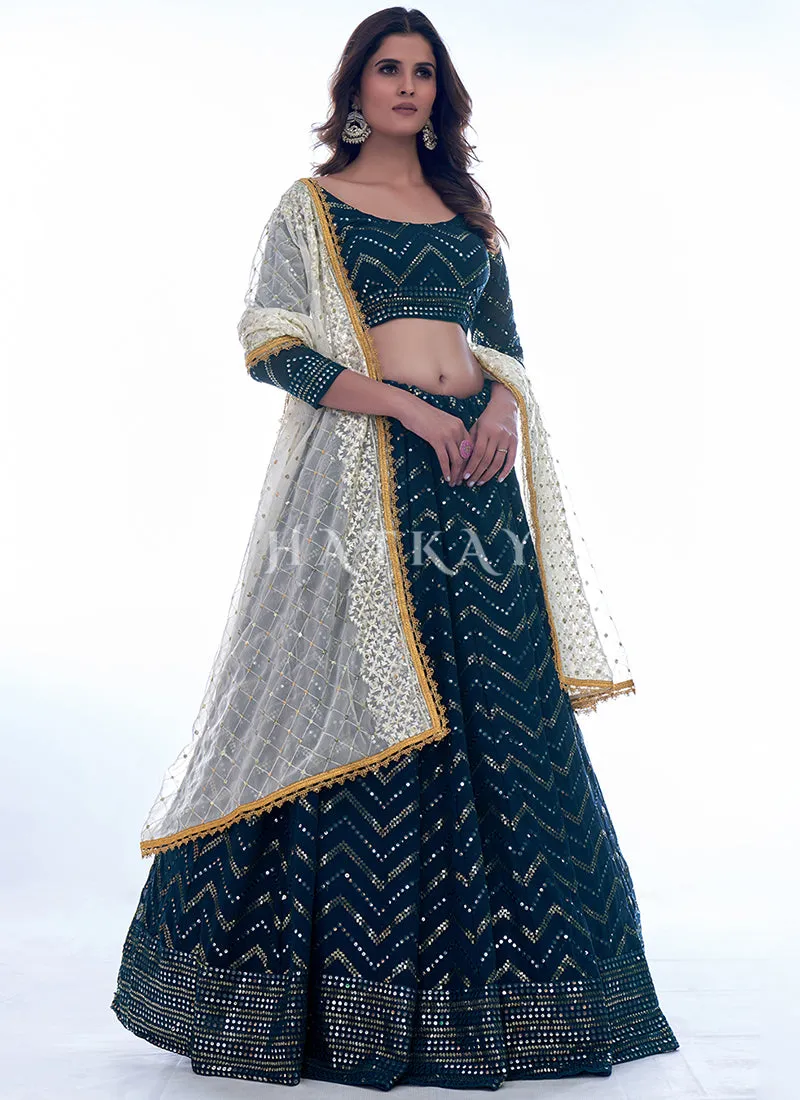 Deep Turquoise Sequence Embroidery Wedding Lehenga Choli