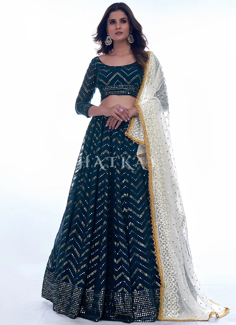 Deep Turquoise Sequence Embroidery Wedding Lehenga Choli