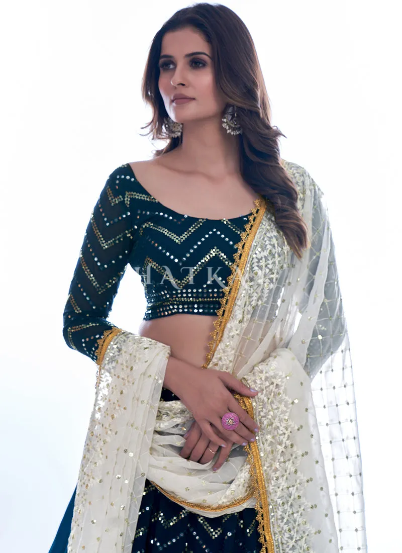 Deep Turquoise Sequence Embroidery Wedding Lehenga Choli