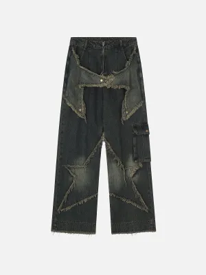 Distressed Effect Patchwork Star Denim Jeans