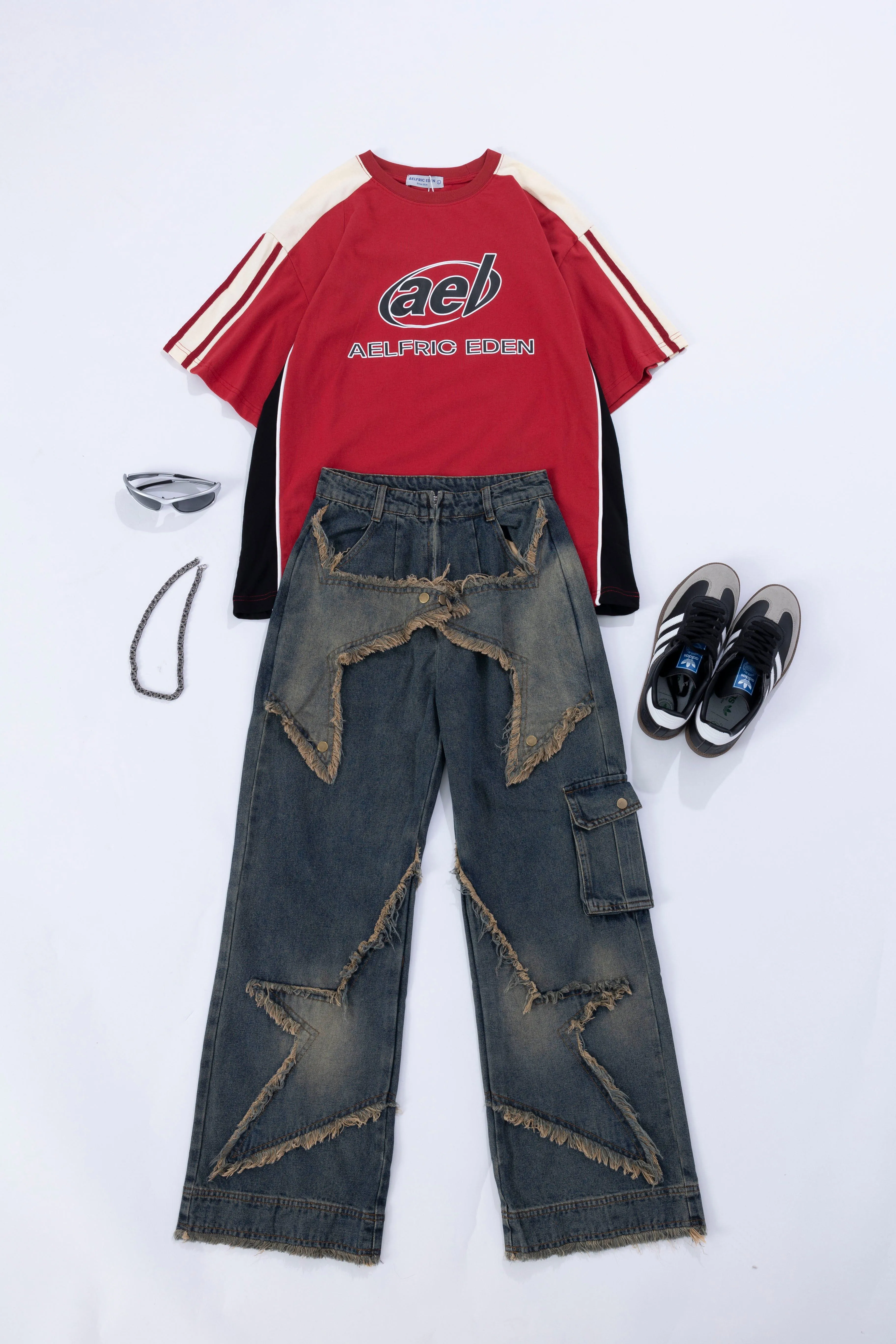 Distressed Effect Patchwork Star Denim Jeans