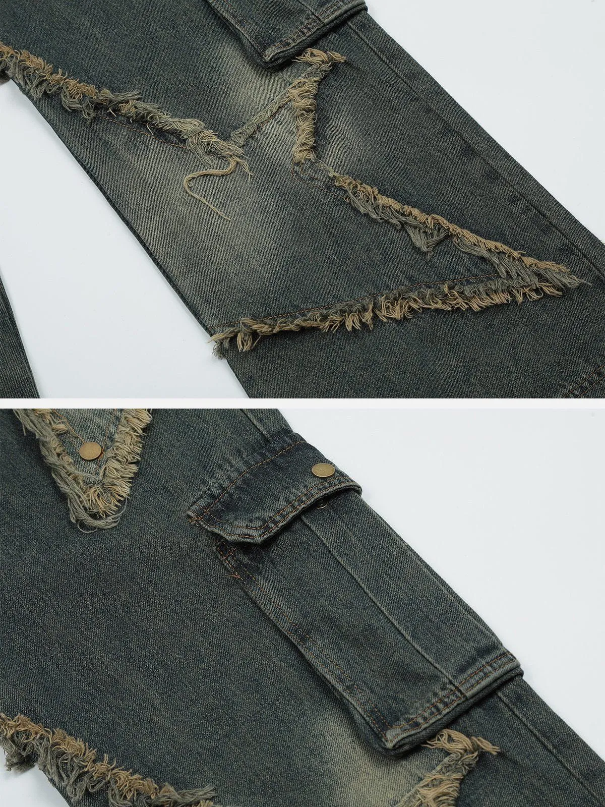 Distressed Effect Patchwork Star Denim Jeans