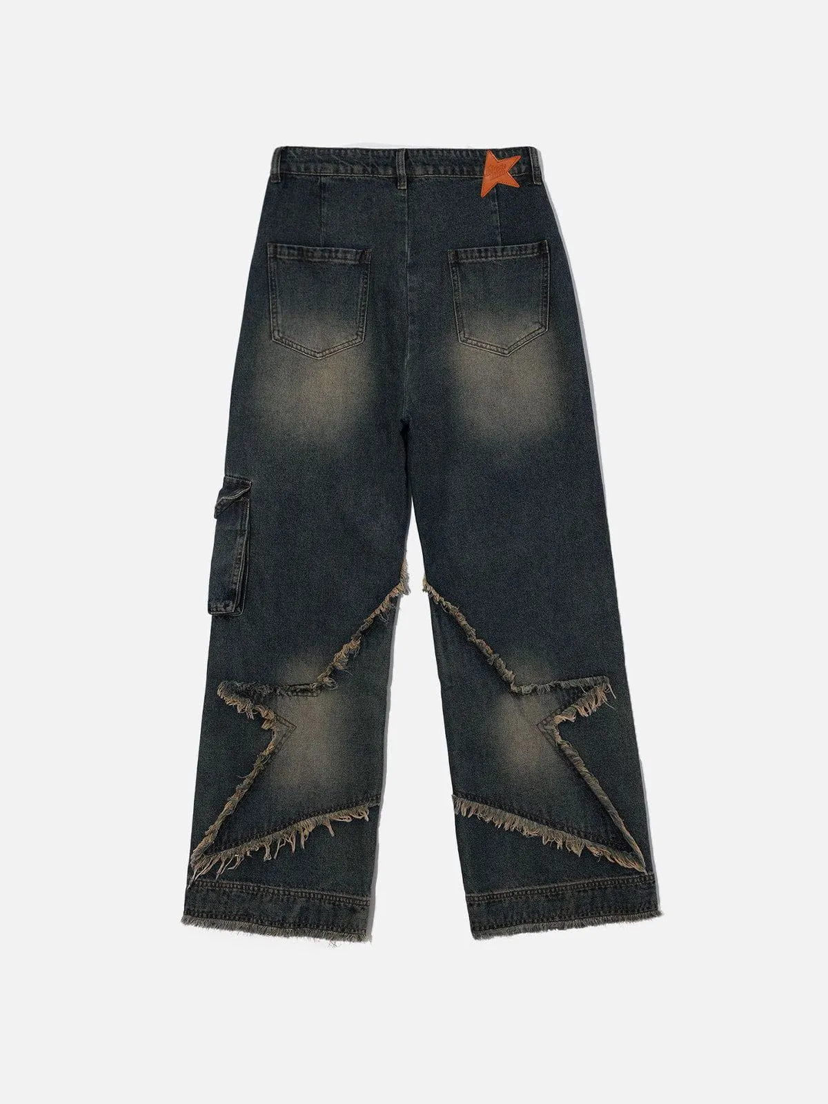 Distressed Effect Patchwork Star Denim Jeans