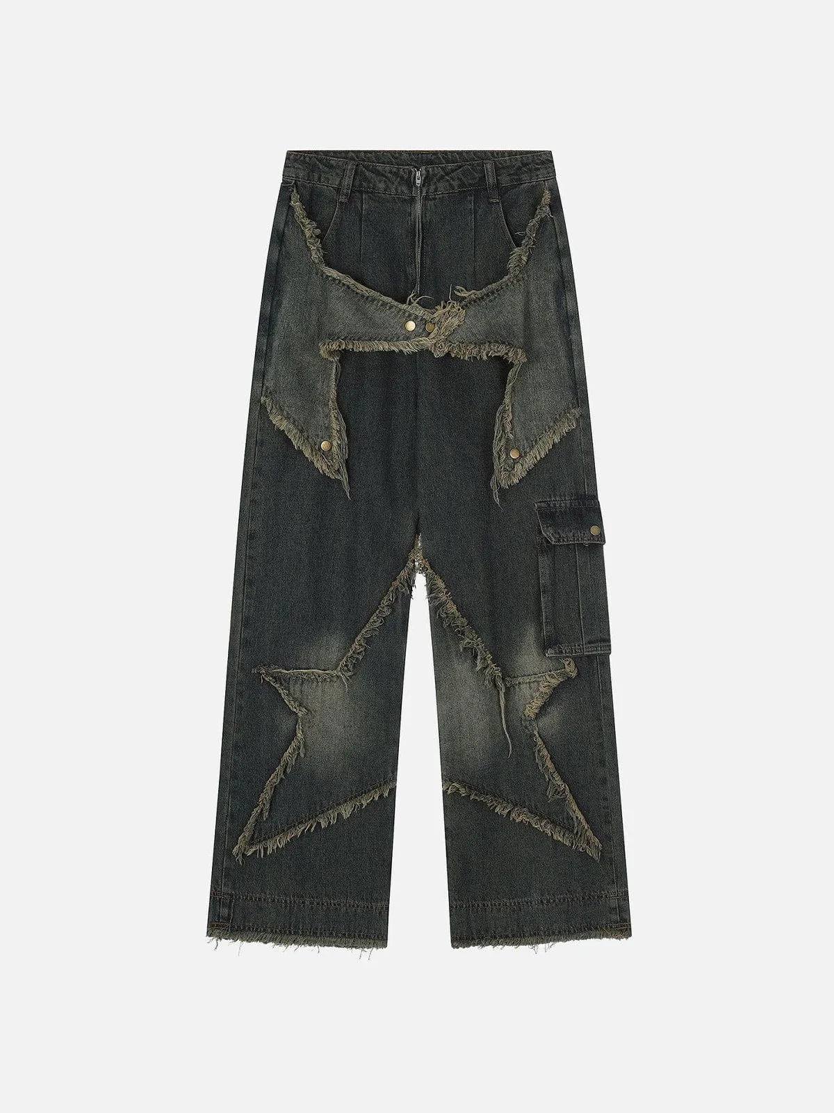 Distressed Effect Patchwork Star Denim Jeans