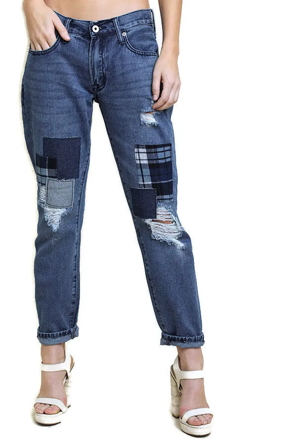 Distressed Patchwork Boyfriend Jeans