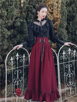 Fashionkova Vintage Gothic Two-Piece Skirt Sets Women Black Lace Ruffle Blouse Lace-up Midi Skirt Autumn New Court Retro Suits Y2k Outfits
