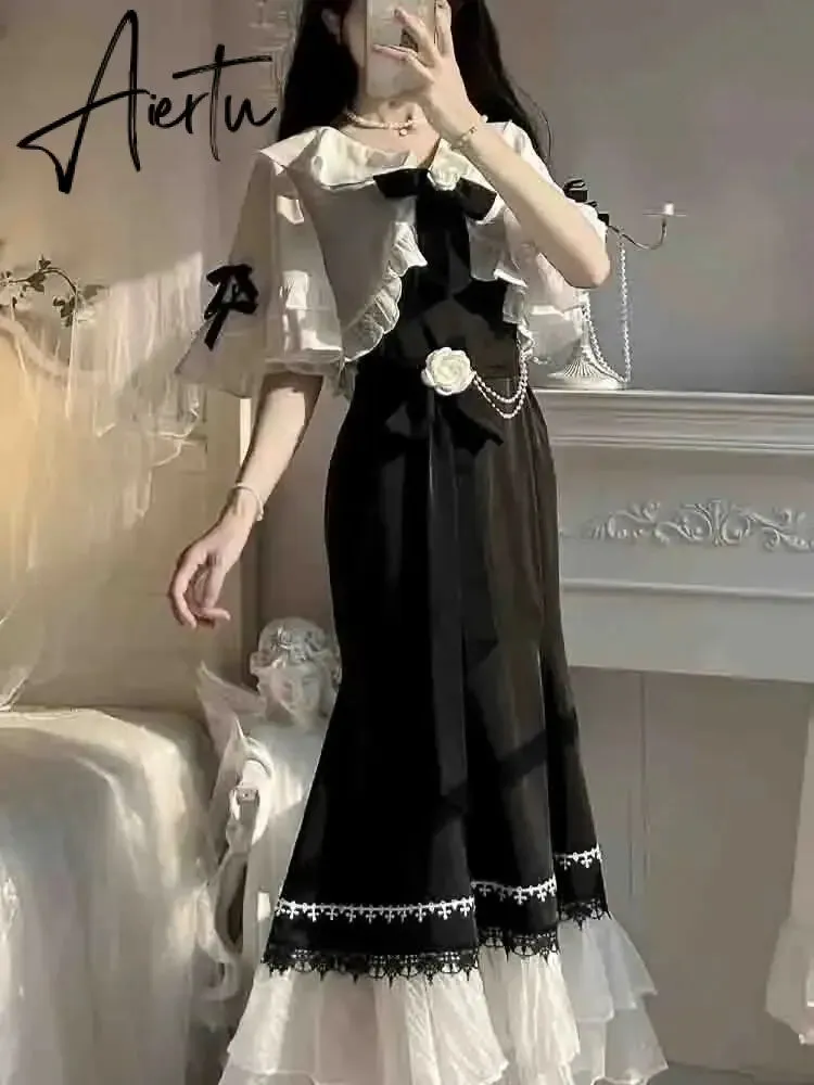 French Vintage Fairy Mermaid Dress Women Lace Korean Party Princess Strap Dress Female 2023 Spring Court Sweet Lolita Midi Dress