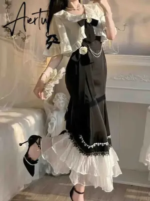 French Vintage Fairy Mermaid Dress Women Lace Korean Party Princess Strap Dress Female 2023 Spring Court Sweet Lolita Midi Dress