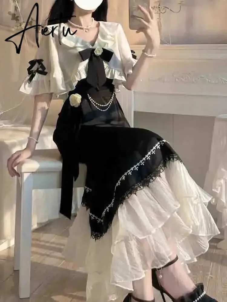 French Vintage Fairy Mermaid Dress Women Lace Korean Party Princess Strap Dress Female 2023 Spring Court Sweet Lolita Midi Dress