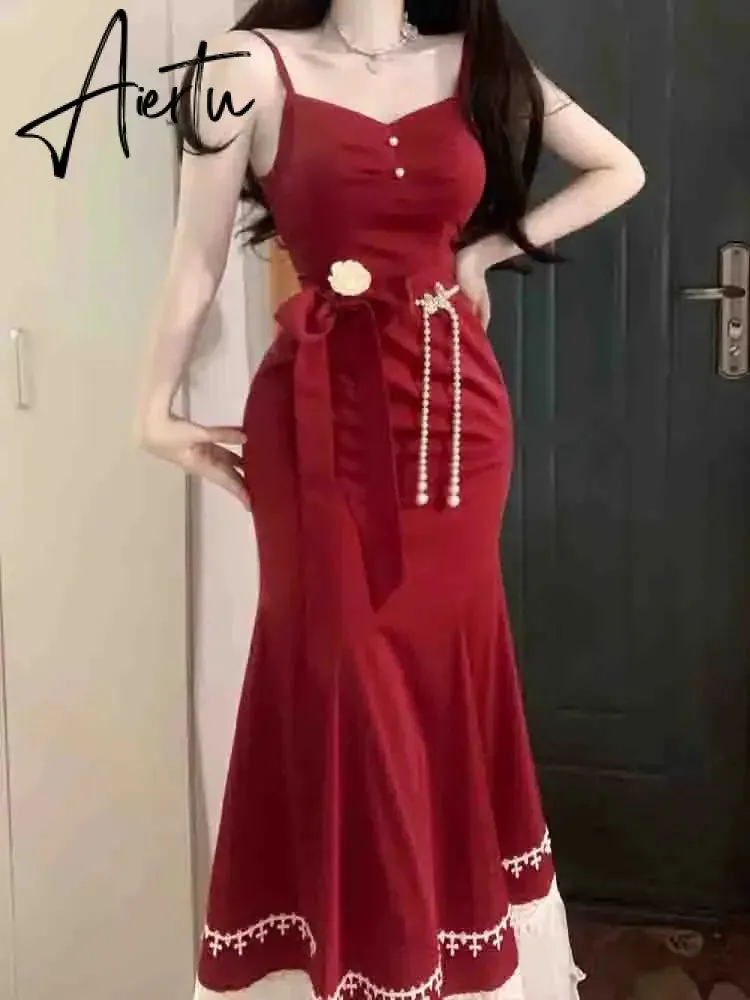 French Vintage Fairy Mermaid Dress Women Lace Korean Party Princess Strap Dress Female 2023 Spring Court Sweet Lolita Midi Dress