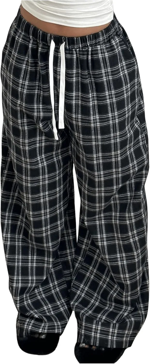 GORGLITTER Women's Plaid Wide Leg Pajama Pants Drawstring Elastic High Waisted Comfy Causal Lounge Trousers