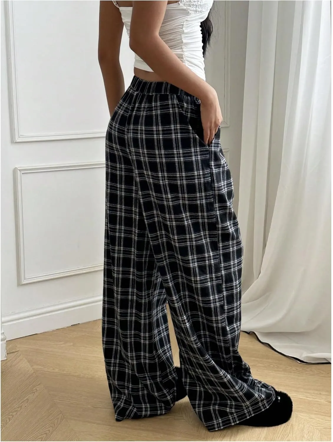 GORGLITTER Women's Plaid Wide Leg Pajama Pants Drawstring Elastic High Waisted Comfy Causal Lounge Trousers