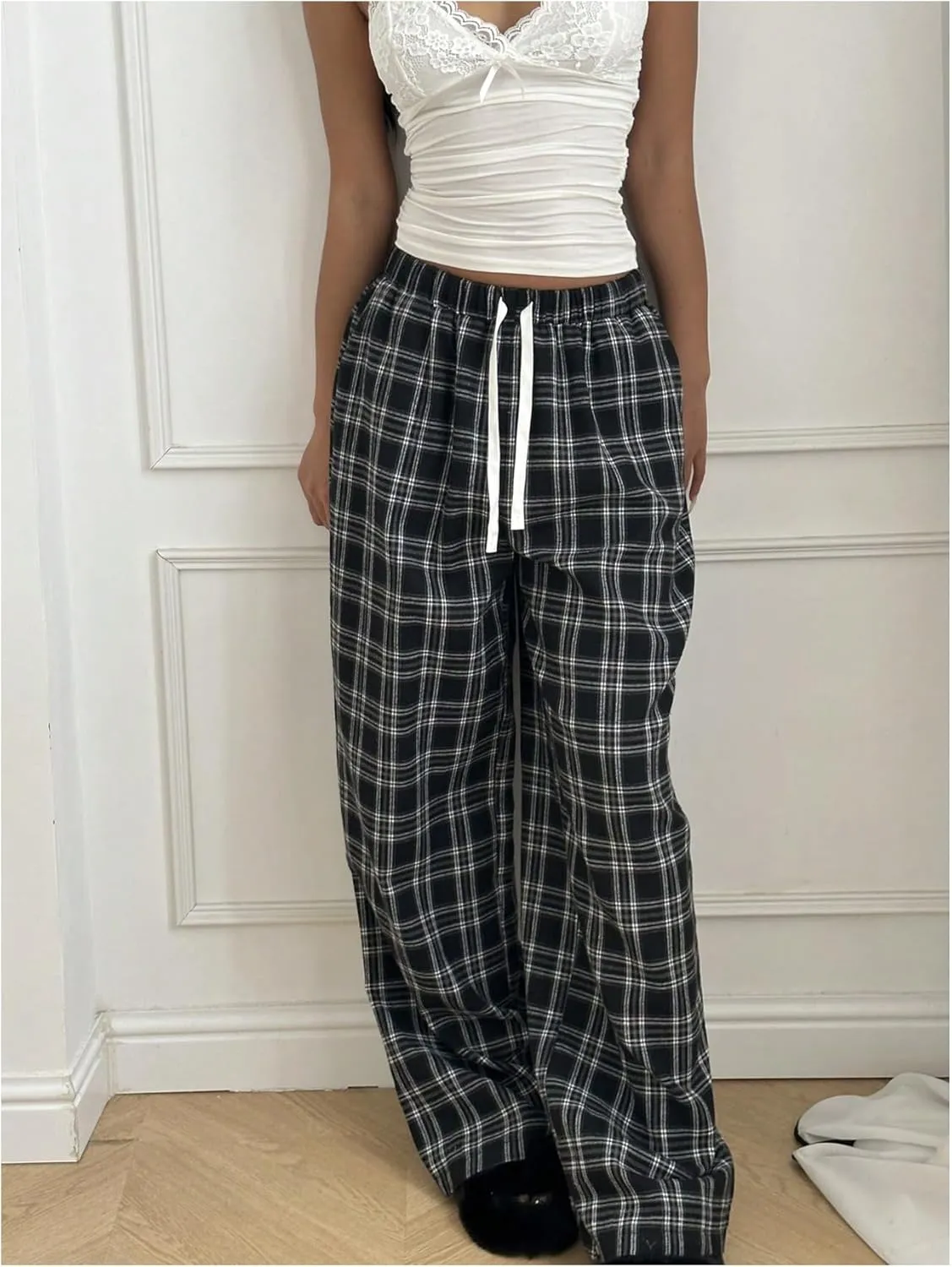 GORGLITTER Women's Plaid Wide Leg Pajama Pants Drawstring Elastic High Waisted Comfy Causal Lounge Trousers