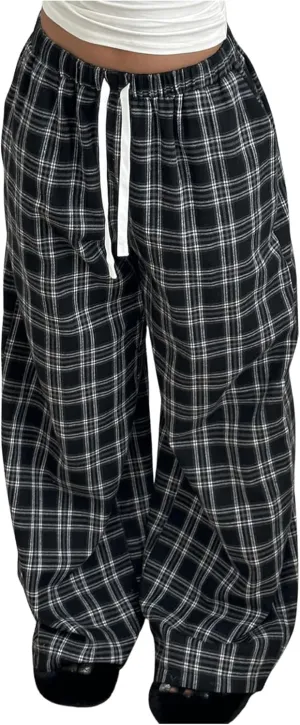 GORGLITTER Women's Plaid Wide Leg Pajama Pants Drawstring Elastic High Waisted Comfy Causal Lounge Trousers