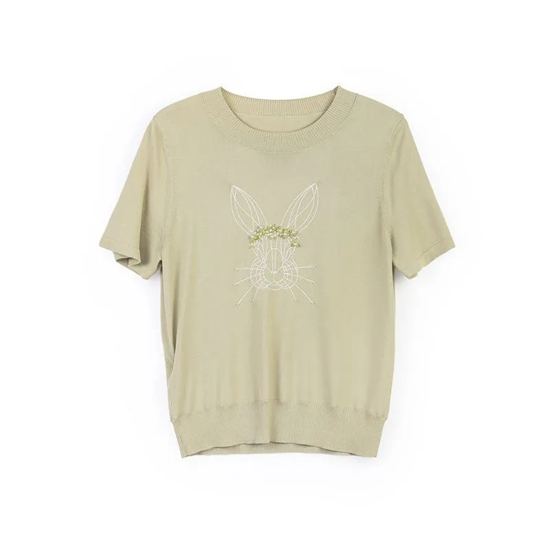 Grass Green Rabbit Short Sleeve Knit T-shirt