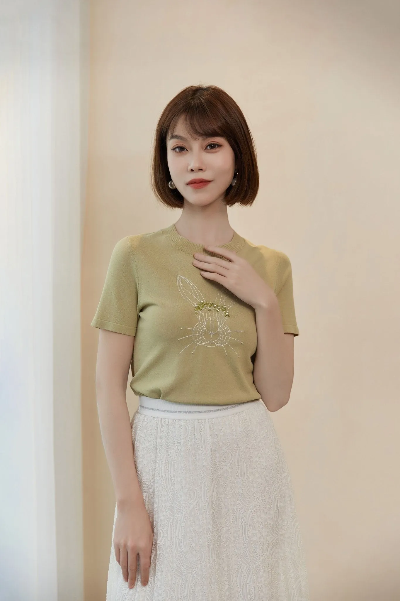 Grass Green Rabbit Short Sleeve Knit T-shirt