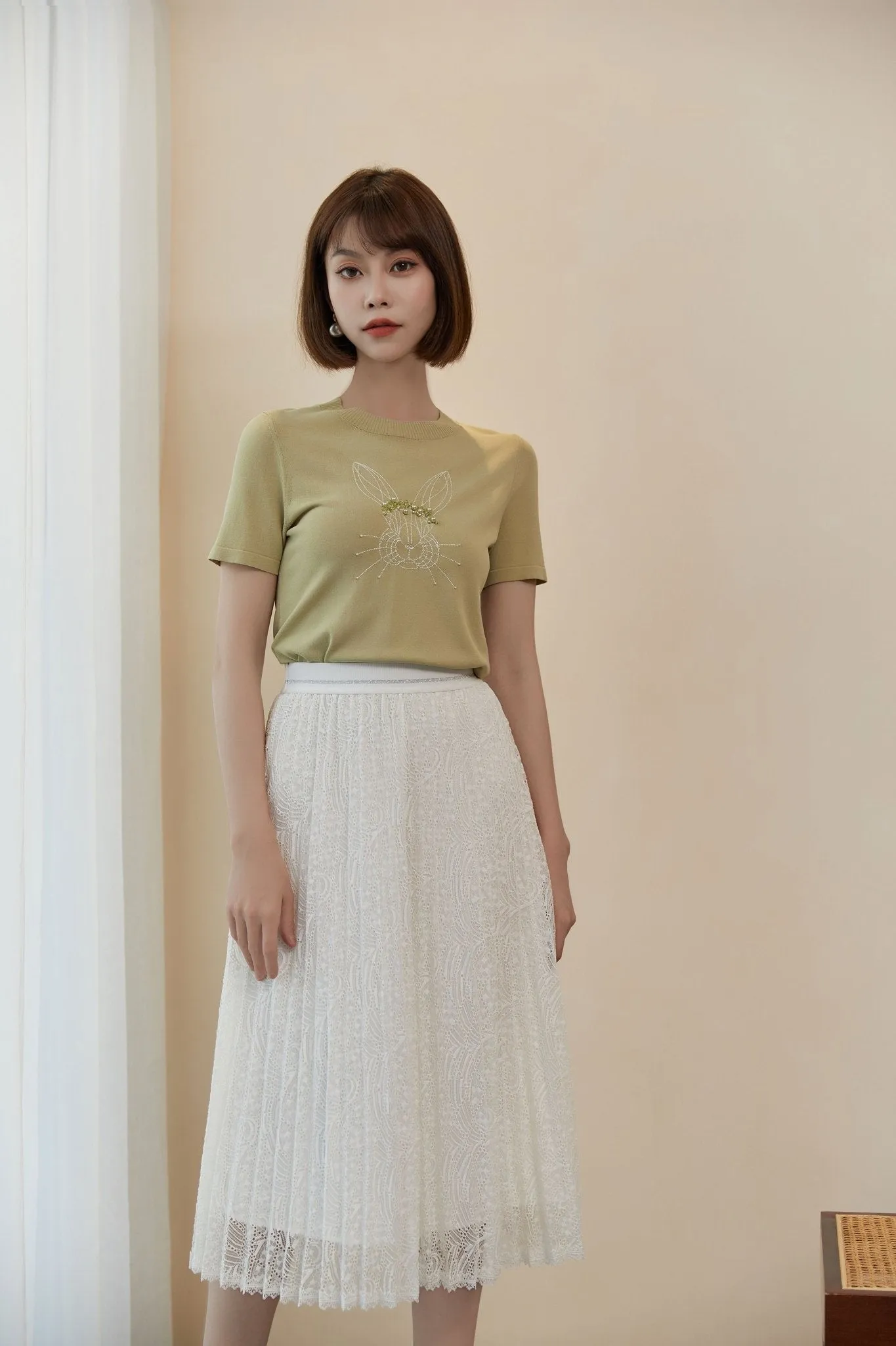 Grass Green Rabbit Short Sleeve Knit T-shirt