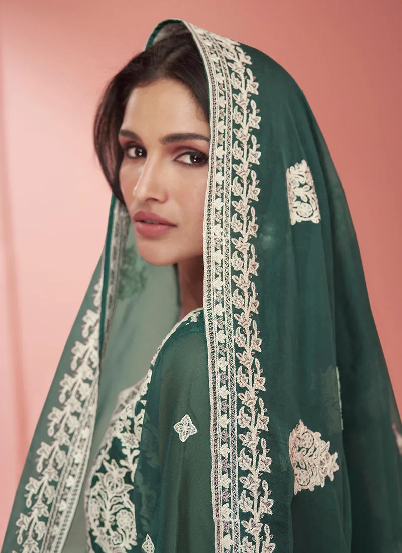 Green Thread Embroidery Traditional Palazzo Suit