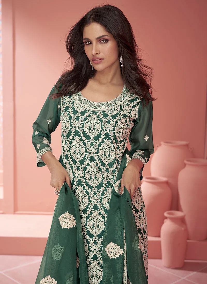 Green Thread Embroidery Traditional Palazzo Suit