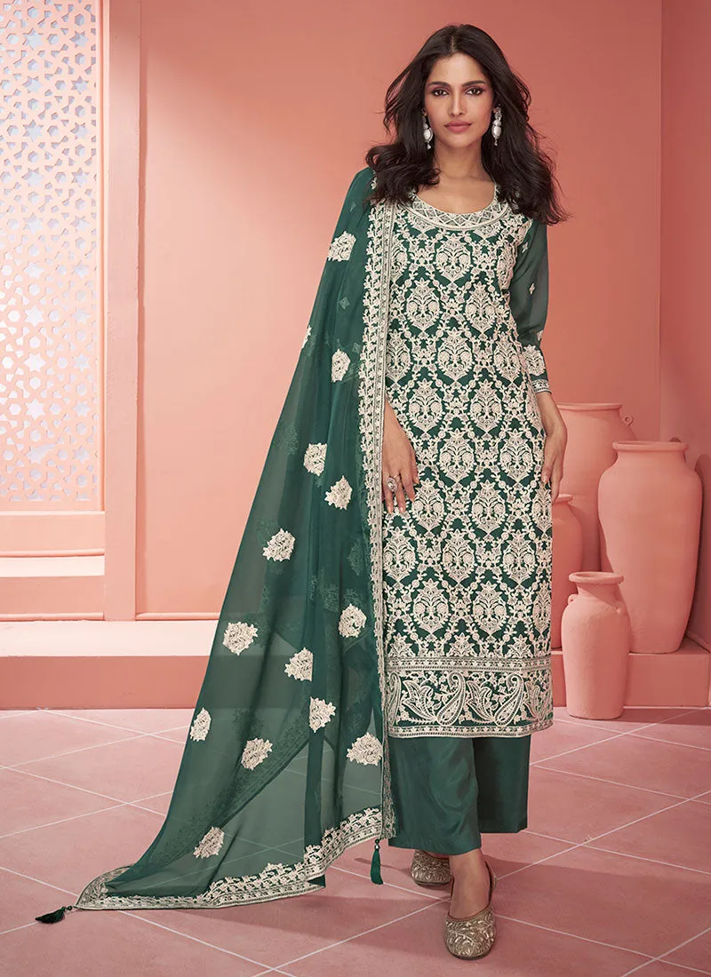 Green Thread Embroidery Traditional Palazzo Suit