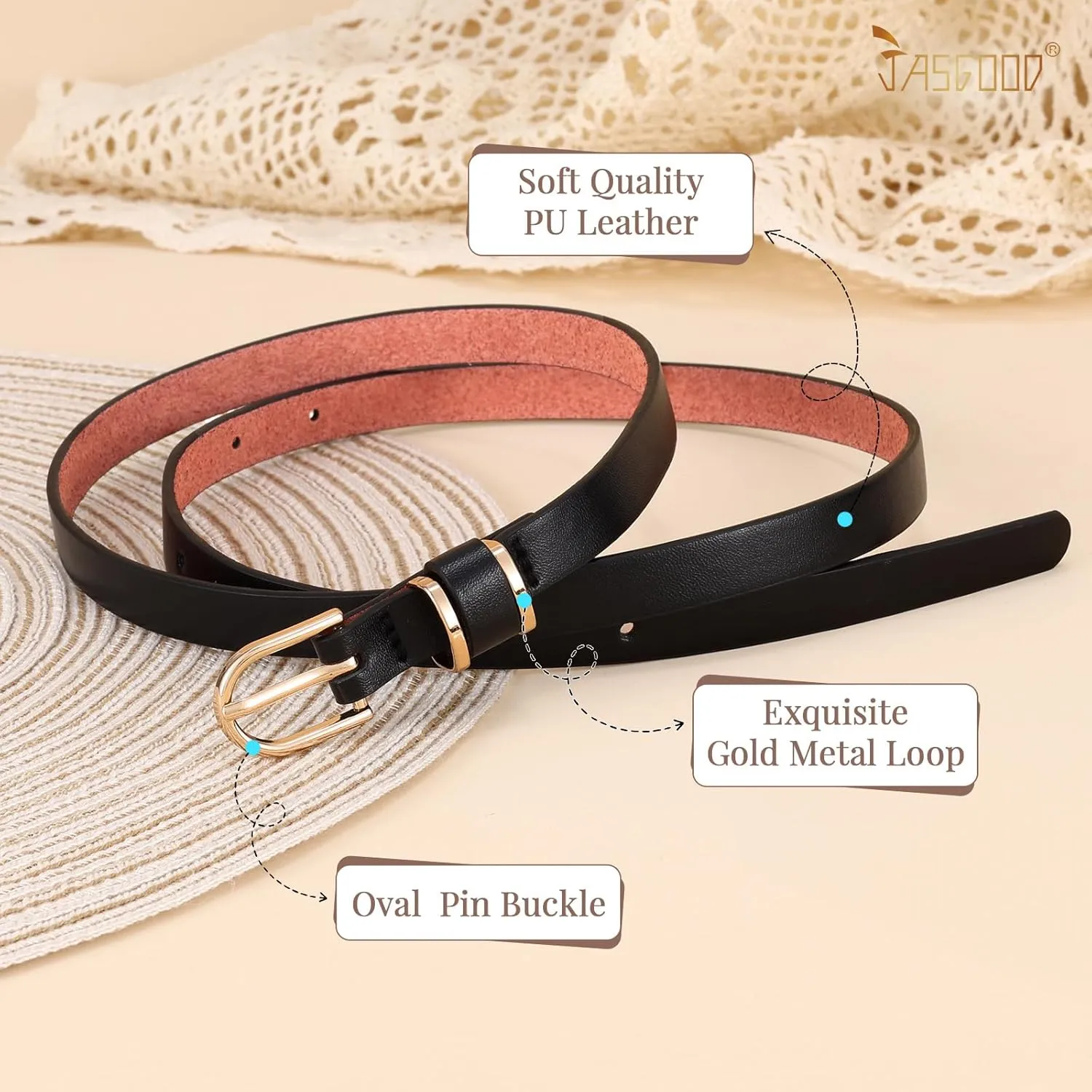 JASGOOD Women's Skinny PU Leather Belt Solid Color Fashion Thin Waist Belt with Gold Buckle for Jeans Pants 1/2 Width