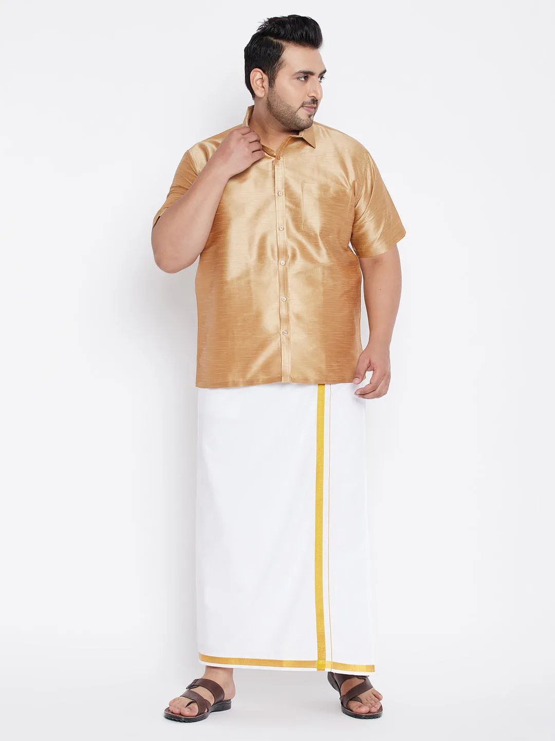 Jashvi Men's Plus Size Rose Gold Silk Blend Ethnic Shirt
