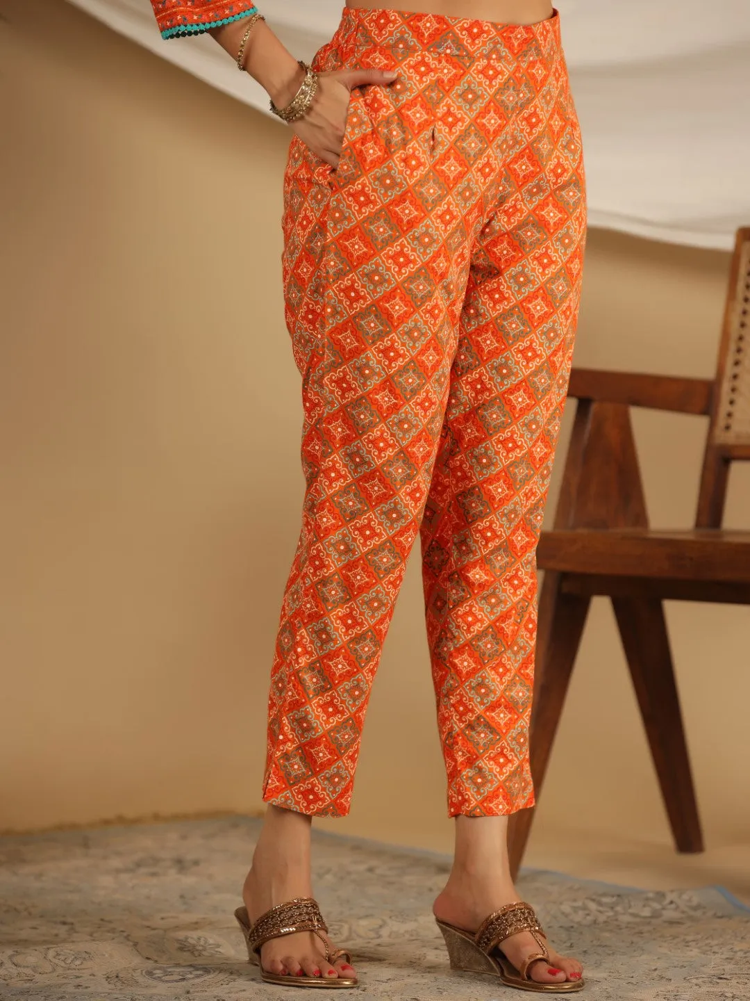 Jashvi The Ornamental Bloom Orange Floral Print Kalidar Rayon Slub Kurta Pant & Dupatta Set With 3D Beads