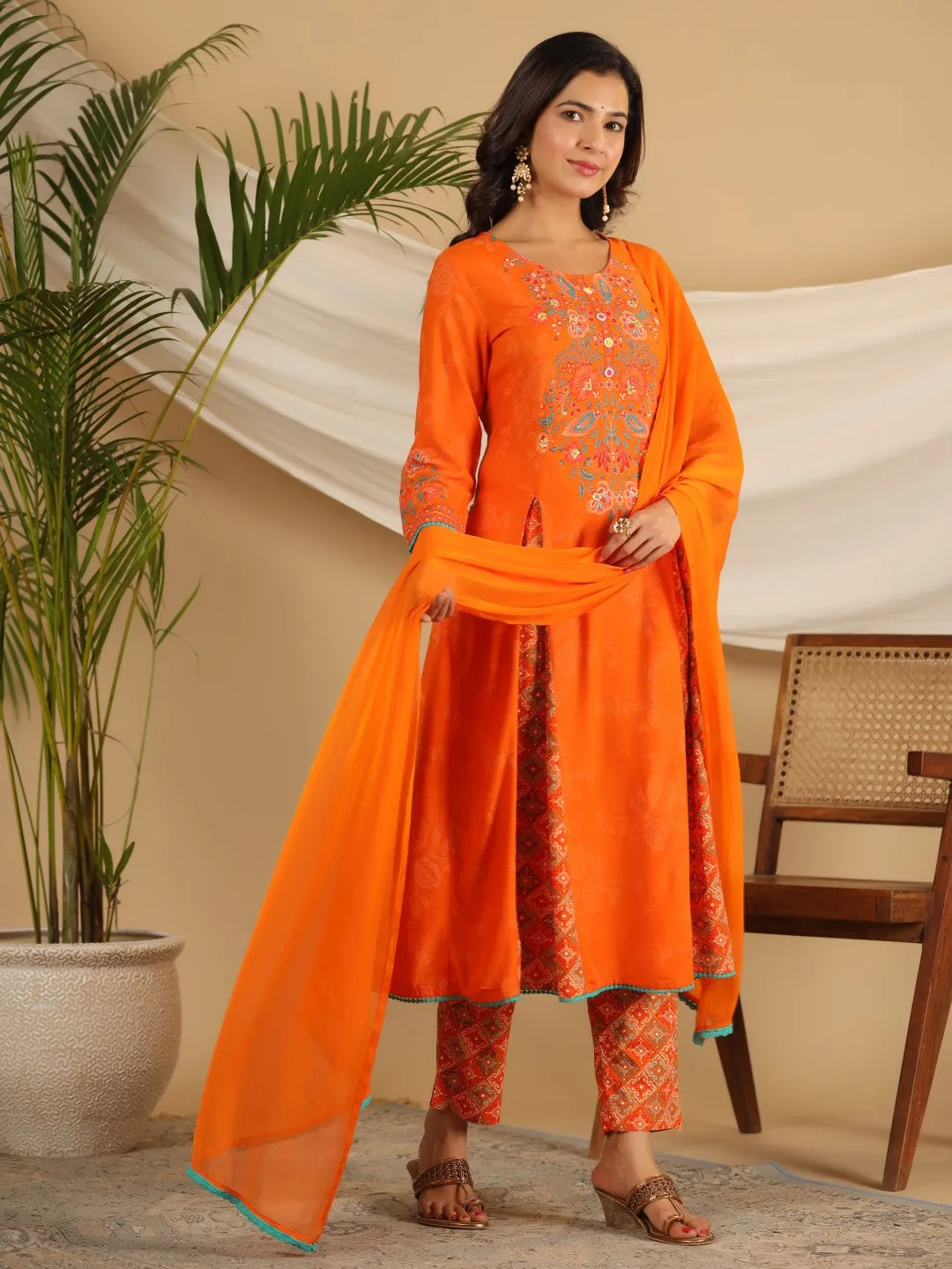 Jashvi The Ornamental Bloom Orange Floral Print Kalidar Rayon Slub Kurta Pant & Dupatta Set With 3D Beads