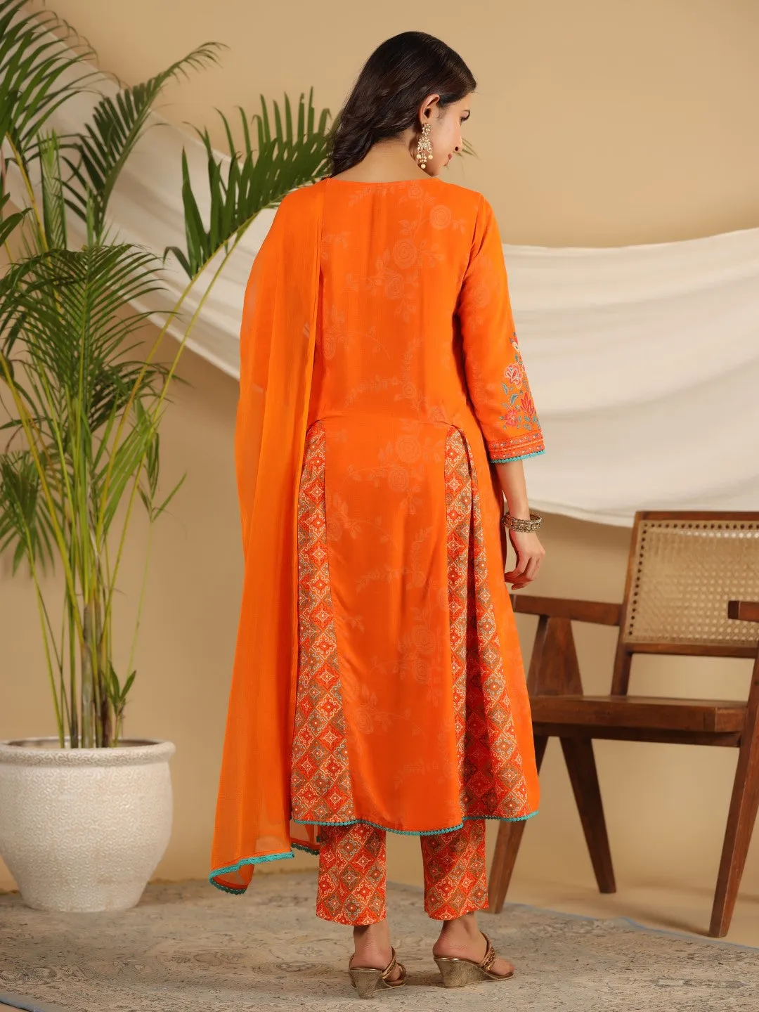 Jashvi The Ornamental Bloom Orange Floral Print Kalidar Rayon Slub Kurta Pant & Dupatta Set With 3D Beads