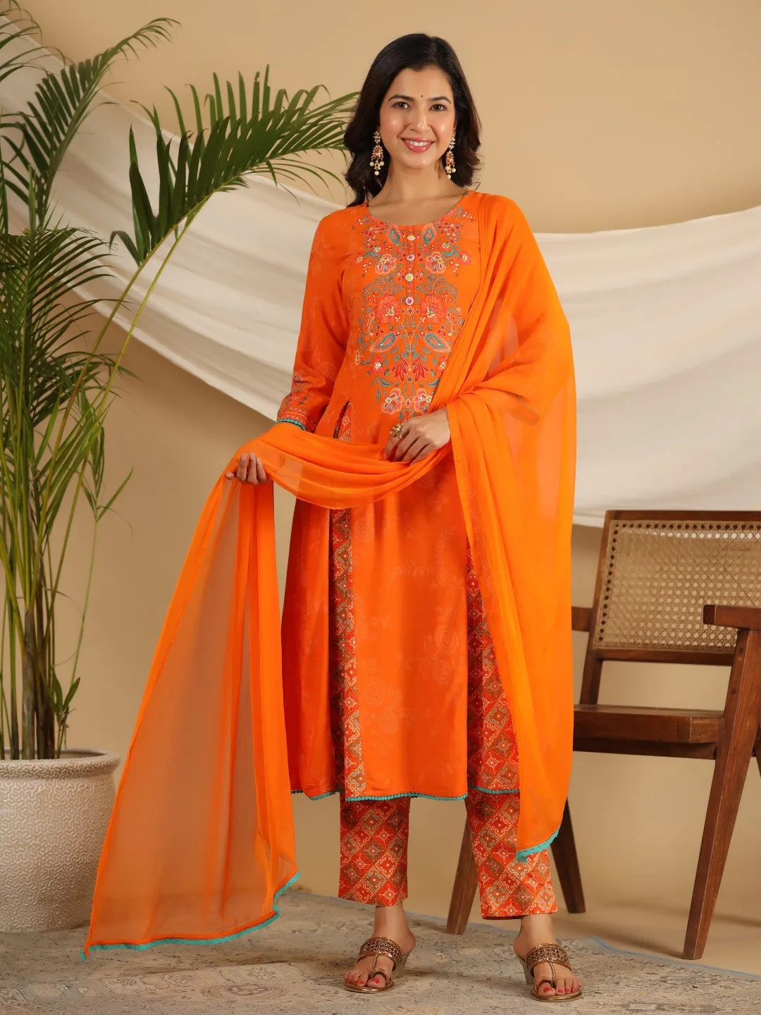 Jashvi The Ornamental Bloom Orange Floral Print Kalidar Rayon Slub Kurta Pant & Dupatta Set With 3D Beads