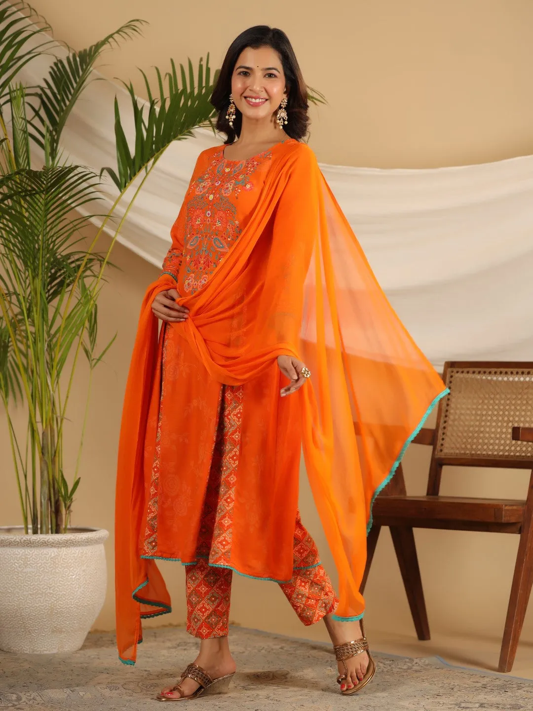 Jashvi The Ornamental Bloom Orange Floral Print Kalidar Rayon Slub Kurta Pant & Dupatta Set With 3D Beads