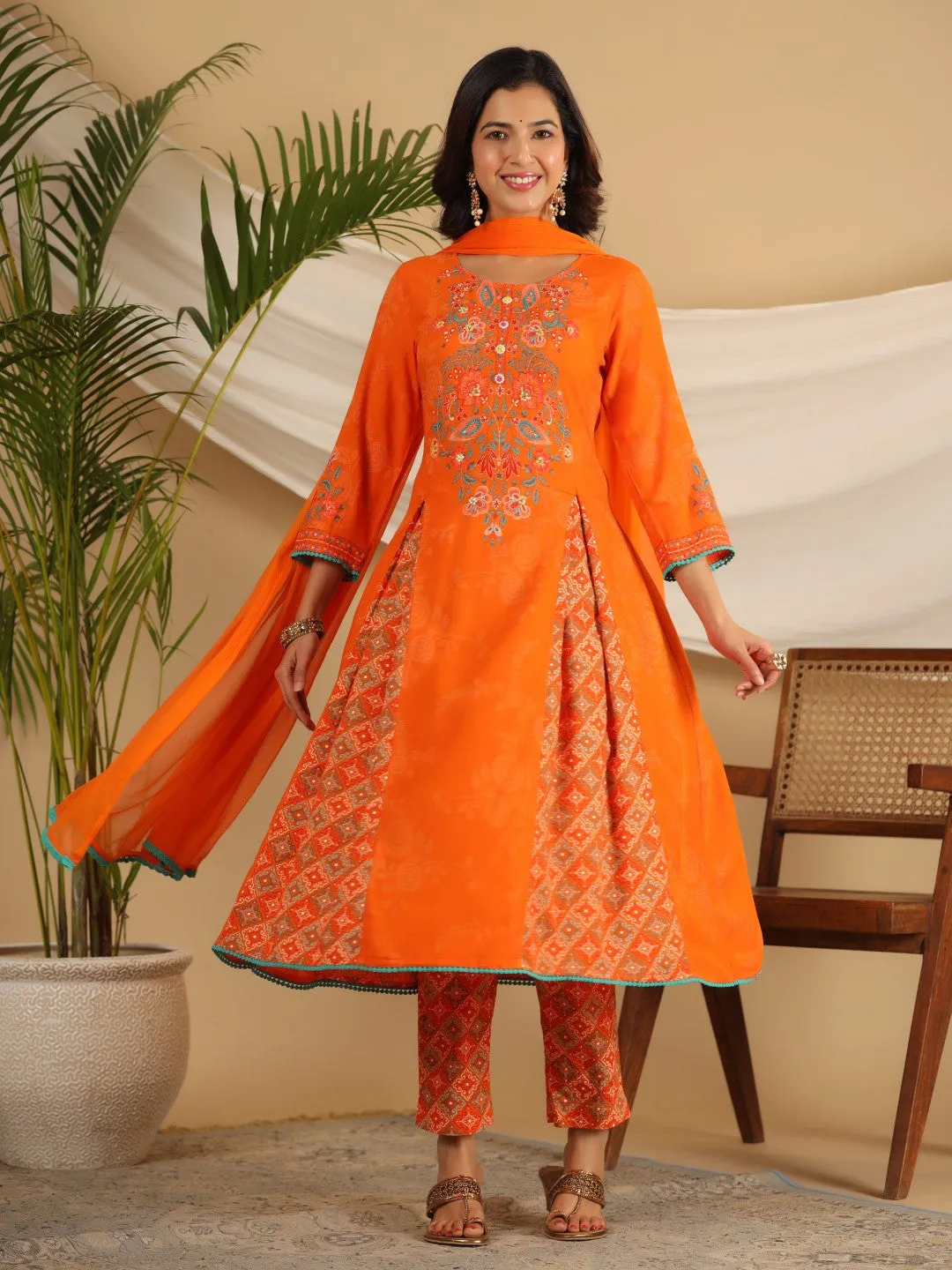 Jashvi The Ornamental Bloom Orange Floral Print Kalidar Rayon Slub Kurta Pant & Dupatta Set With 3D Beads