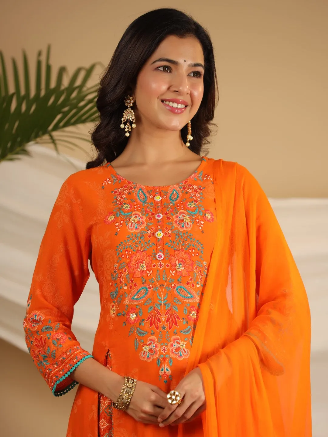 Jashvi The Ornamental Bloom Orange Floral Print Kalidar Rayon Slub Kurta Pant & Dupatta Set With 3D Beads